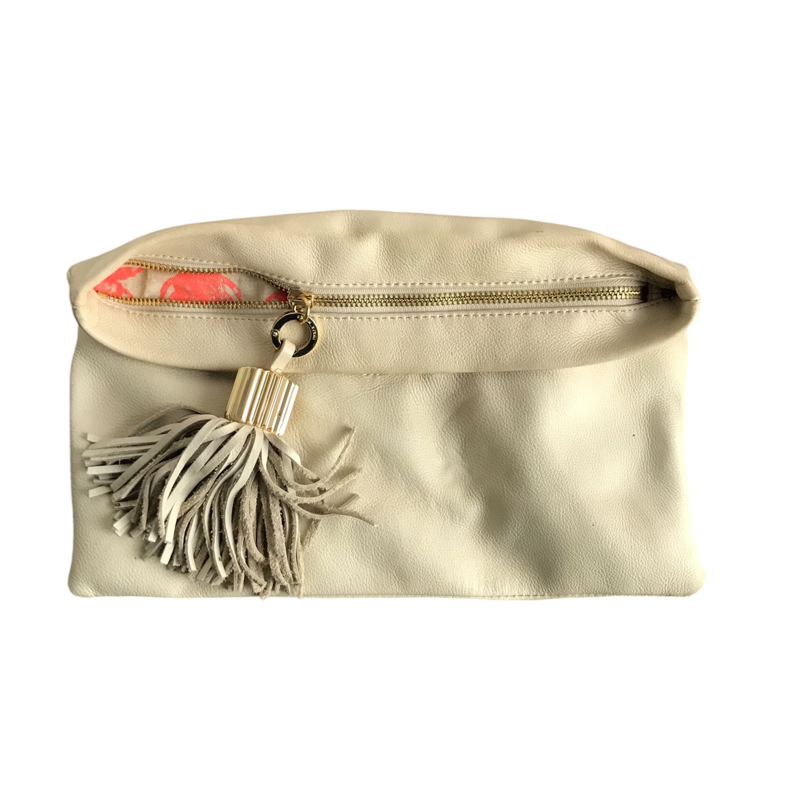 India Hicks Carmen Clutch Womens Cream Leather Magnetic Zip Closure W/ Tassel